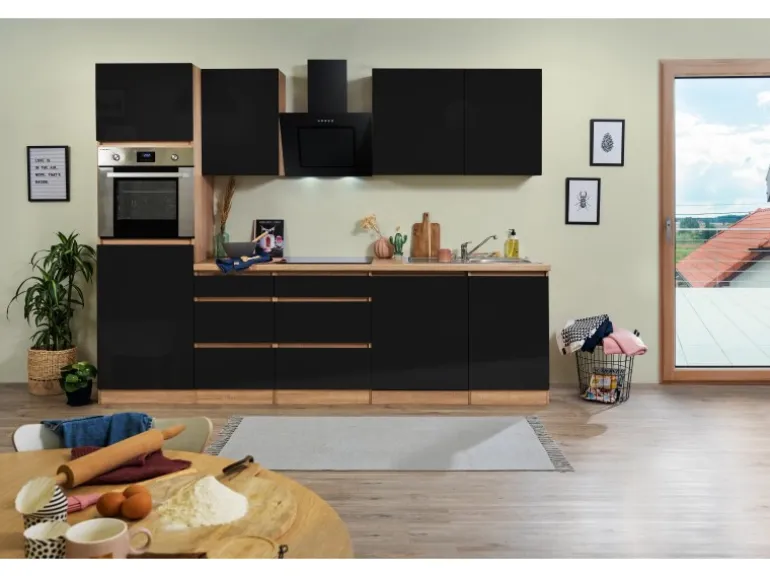 Respekta Küchenzeile GLRP280HESS Grifflos 280 cm Schwarz Hochglanz-Sonoma Eiche