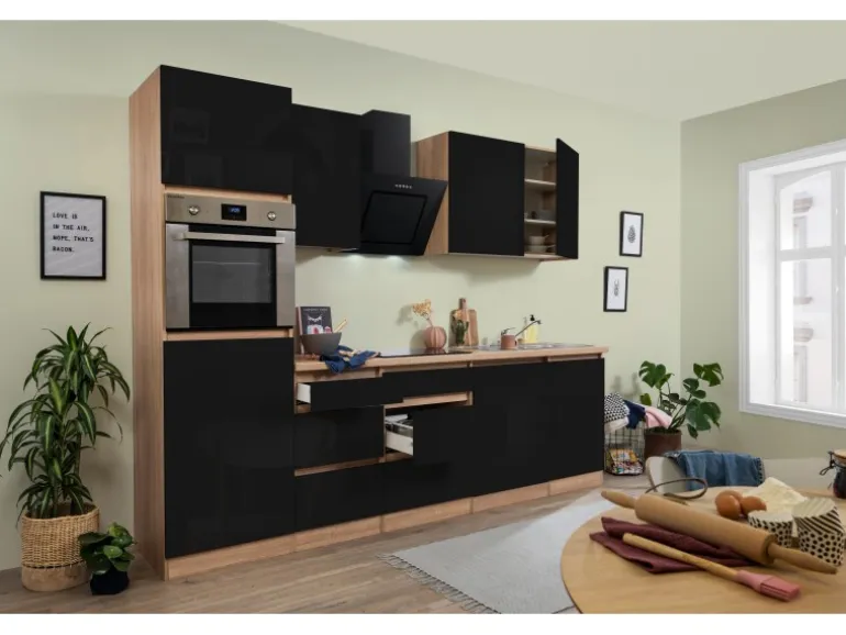 Respekta Küchenzeile GLRP280HESS Grifflos 280 cm Schwarz Hochglanz-Sonoma Eiche