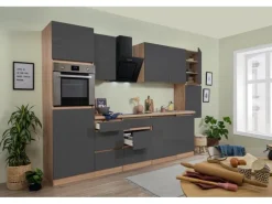 Respekta Küchenzeile GLRP330HESG Grifflos 330 cm Grau Hochglanz-Sonoma Eiche
