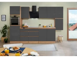 Respekta Küchenzeile GLRP320HESG Grifflos 320 cm Grau Hochglanz-Sonoma Eiche