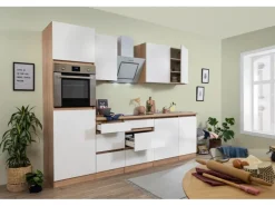 Respekta Küchenzeile GLRP280HESWM Grifflos 280 cm Weiß matt-Sonoma Eiche