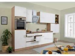 Respekta Küchenzeile GLRP370HESW Grifflos 370 cm Weiß Hochglanz-Sonoma Eiche