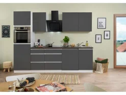 Respekta Küchenzeile GLRP280HWG 280 cm Grau Hochglanz Granit-Optik Grifflos