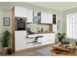 Respekta Küchenzeile GLRP330HESWM Grifflos 330 cm Weiß matt-Sonoma Eiche
