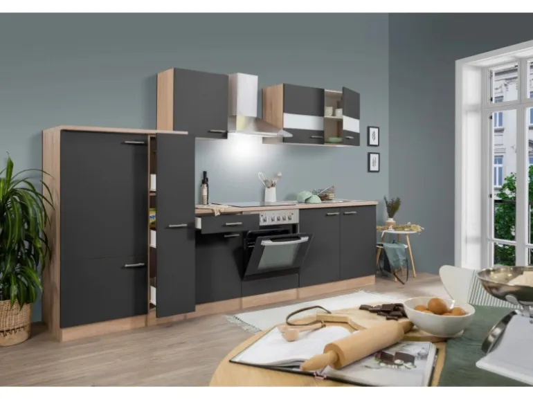 Respekta Küchenzeile KB300ESGC 300 cm Grau-Eiche Sägerau Nachbildung