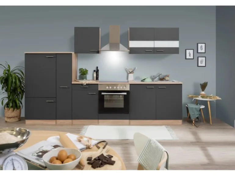 Respekta Küchenzeile KB300ESGC 300 cm Grau-Eiche Sägerau Nachbildung