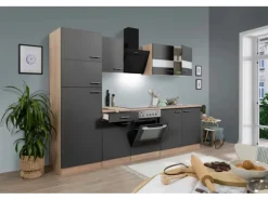 Respekta Küchenzeile KB270ESGCGKE 270 cm Grau-Eiche Sägerau Nachbildung Glänzend