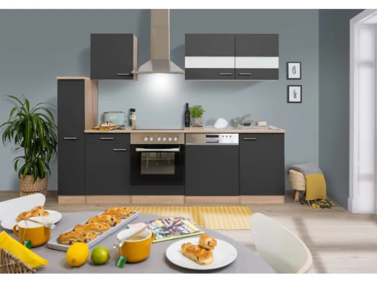 Respekta Küchenzeile KB250ESGC 250 cm Grau-Eiche Glänzend