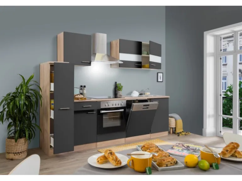 Respekta Küchenzeile KB250ESGC 250 cm Grau-Eiche Glänzend