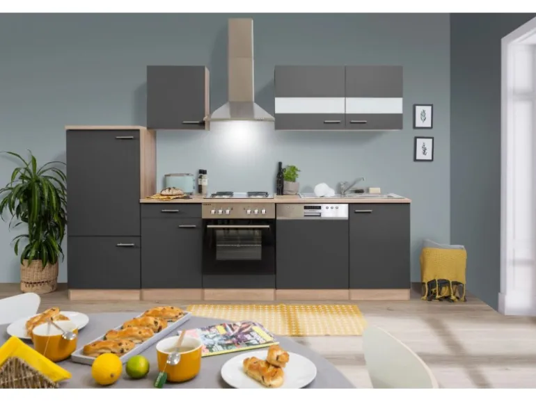 Respekta Küchenzeile KB280ESG 280 cm Grau-Eiche Sägerau Nachbildung