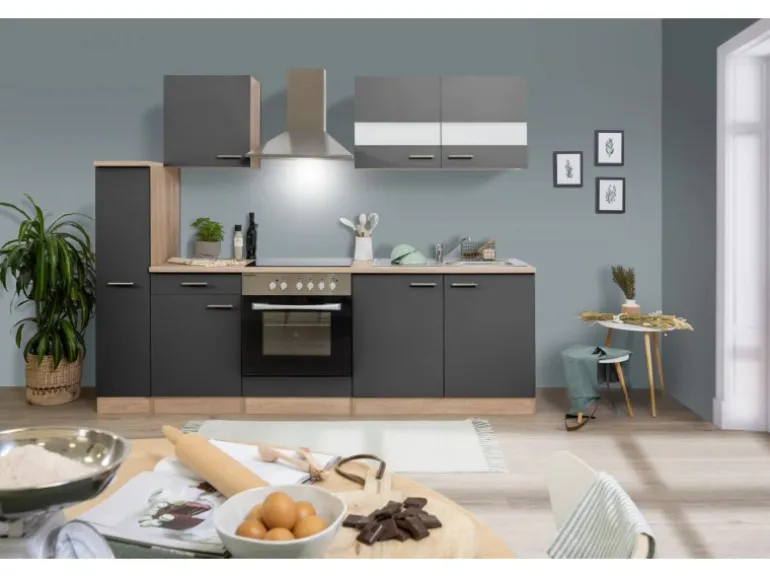 Respekta Küchenzeile KB240ESGC 240 cm Grau-Eiche