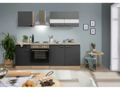 Respekta Küchenzeile KB210ESG 210 cm Grau-Eiche Sägerau Nachbildung