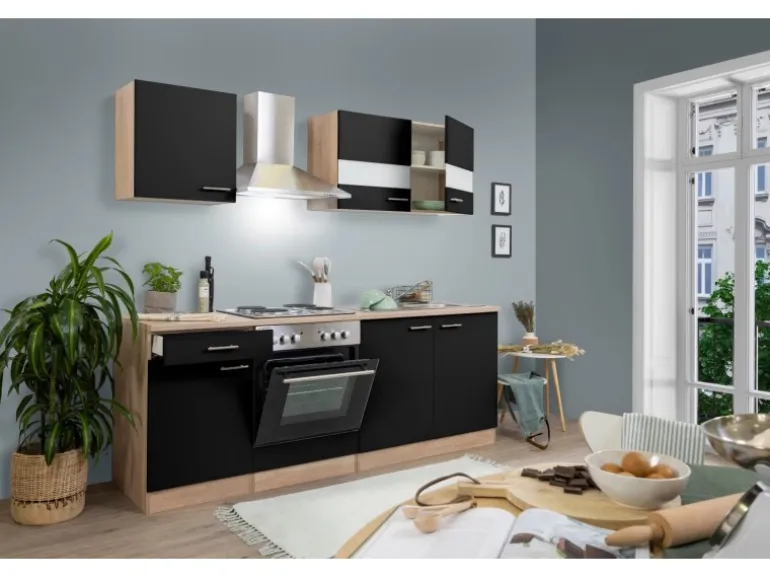 Respekta Küchenzeile KB210ESS 210 cm Schwarz-Eiche Sägerau Nachbildung
