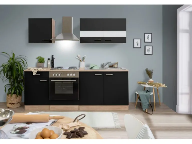Respekta Küchenzeile KB210ESS 210 cm Schwarz-Eiche Sägerau Nachbildung