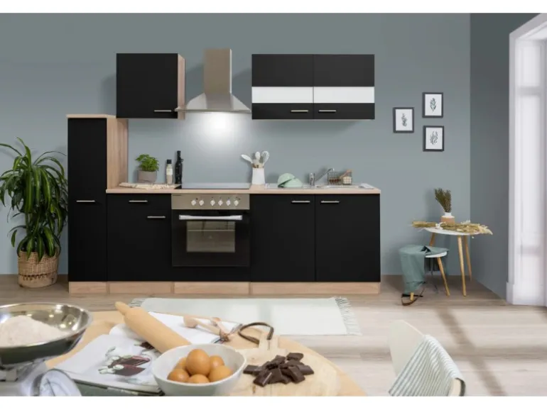 Respekta Küchenzeile KB240ESSC 240 cm Schwarz-Eiche