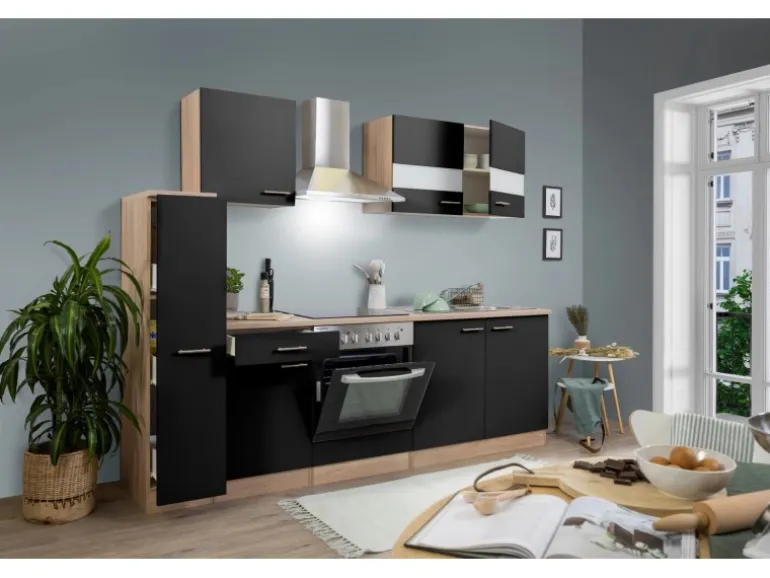 Respekta Küchenzeile KB240ESSC 240 cm Schwarz-Eiche