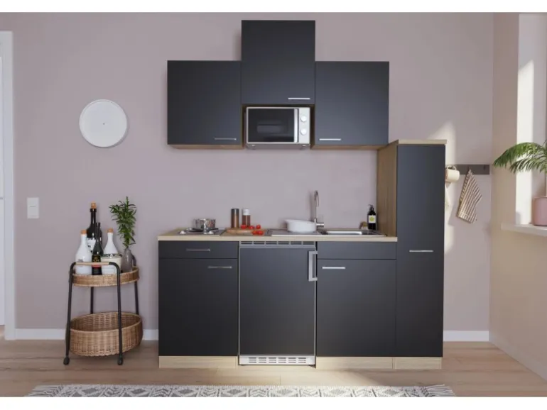 Respekta Küchenzeile KB180ESSMI 180 cm Schwarz-Eiche Sägeräu Nachbildung
