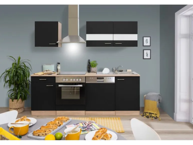 Respekta Küchenzeile KB220ESSC 220 cm Schwarz-Eiche Sägerau Nachbildung