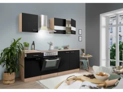 Respekta Küchenzeile KB210ESSC 210 cm Schwarz-Eiche Sägerau Nachbildung