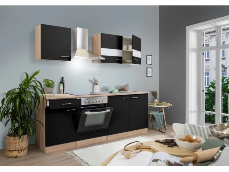 Respekta Küchenzeile KB210ESSC 210 cm Schwarz-Eiche Sägerau Nachbildung