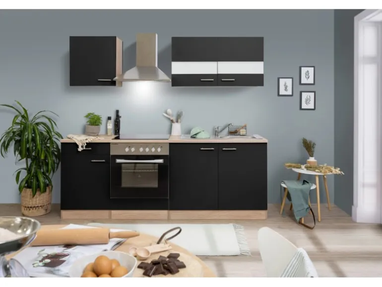 Respekta Küchenzeile KB210ESSC 210 cm Schwarz-Eiche Sägerau Nachbildung