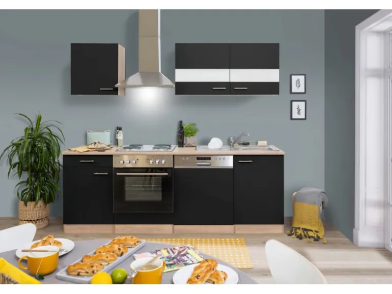 Respekta Küchenzeile KB220ESS 220 cm Schwarz-Eiche Sägerau Nachbildung