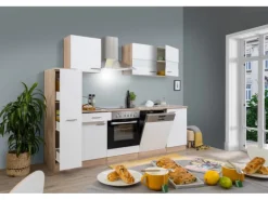 Respekta Küchenzeile KB250ESWC 250 cm Weiß-Eiche Glänzend