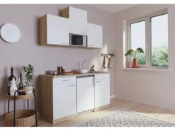 Respekta Küchenzeile KB150ESWMIC 150 cm Weiß-Eiche Sägeräu Nachbildung