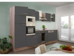 Respekta Küchenzeile KB340EYGMIGKE 340 cm Grau Seidengl.-Eiche York Nachbildung