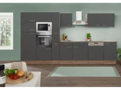 Respekta Küchenzeile KB370EYGMIGKE 370 cm Grau Seidengl.-Eiche York Nachbildung