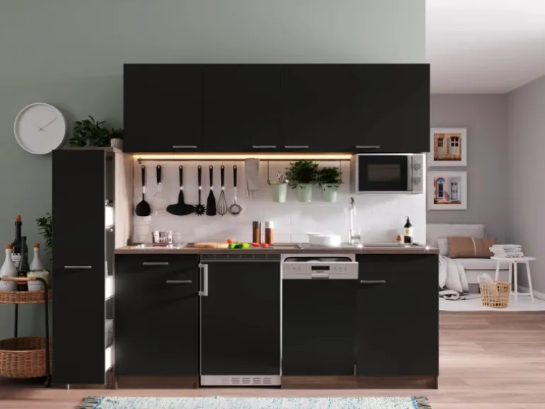 Respekta Küchenzeile KB225EYSMIC 225 cm Schwarz-Eiche York Nachbildung