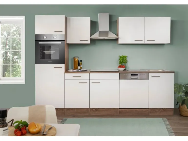Respekta Küchenzeile KB280EYW 280 cm Weiß Seidenglanz-Eiche York Nachbildung
