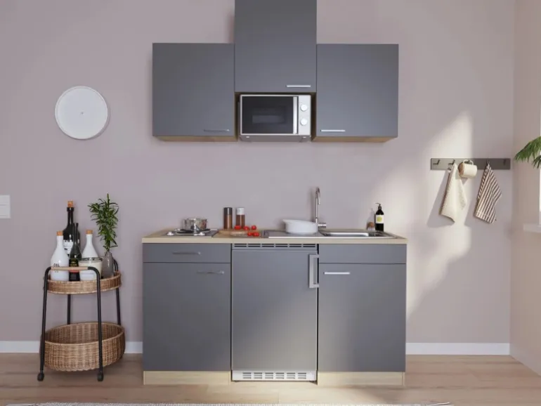 Respekta Küchenzeile KB150WGMI 150 cm Grau-Weiß Glänzend