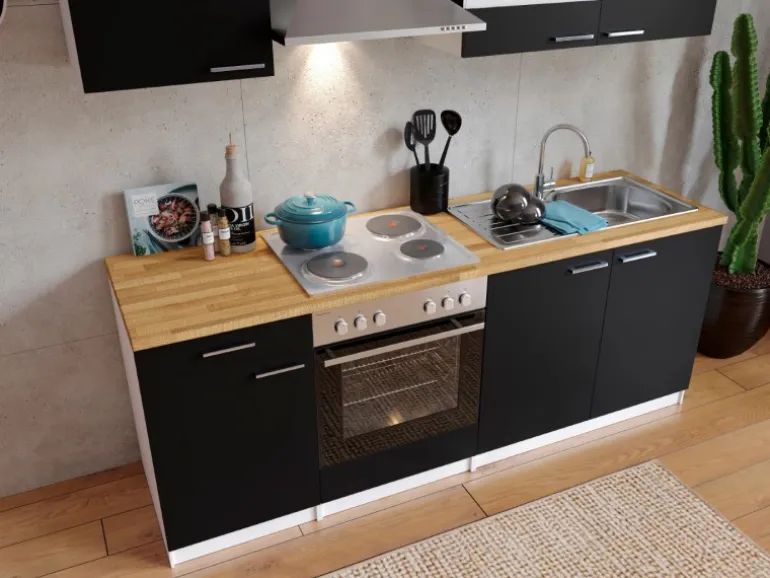 Respekta Küchenzeile KB210WS 210 cm Schwarz-Weiß
