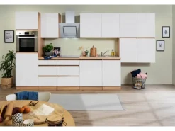 Respekta Küchenzeile ohne E-Geräte 380 cm Grifflos Weiß Matt-Eiche Sägerau