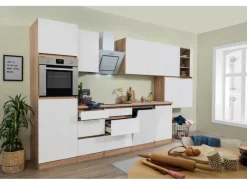 Respekta Küchenzeile ohne E-Geräte 380 cm Grifflos Weiß Matt-Eiche Sägerau