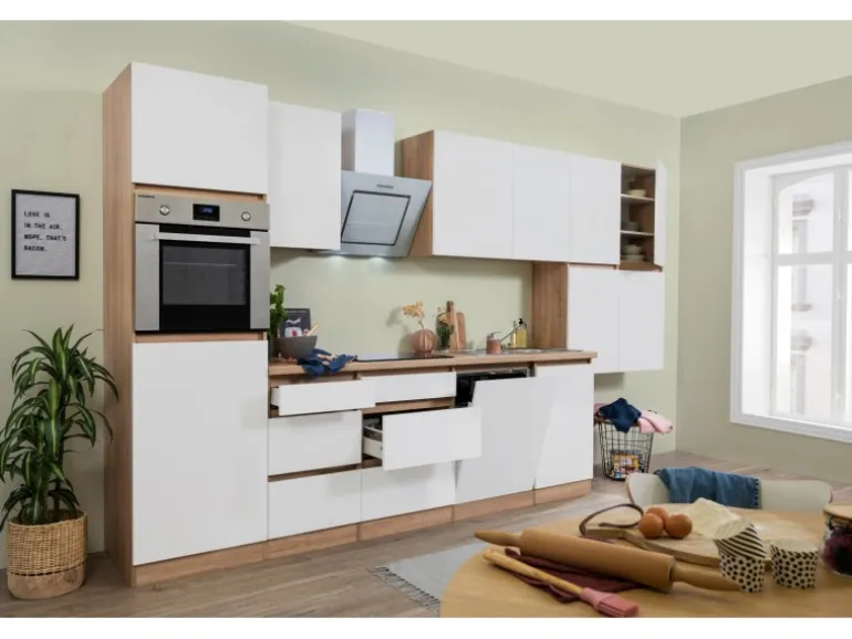 Respekta Küchenzeile ohne E-Geräte 380 cm Grifflos Weiß Matt-Eiche Sägerau
