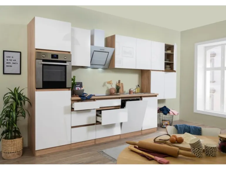 Respekta Küchenzeile ohne E-Geräte 380 cm Grifflos Weiß Hochglanz-Eiche Sägerau