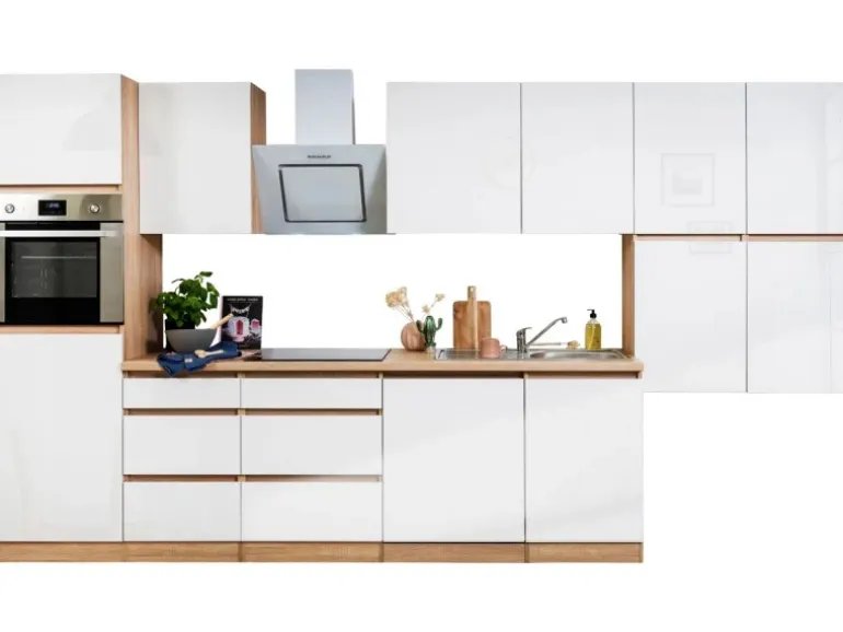 Respekta Küchenzeile ohne E-Geräte 380 cm Grifflos Weiß Hochglanz-Eiche Sägerau