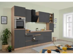 Respekta Küchenzeile ohne E-Geräte 320 cm Grifflos Grau Hochglanz-Eiche Sägerau