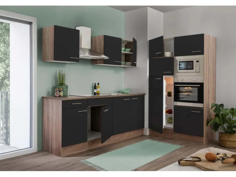 Respekta Küchenzeile ohne E-Geräte 330 cm Schwarz Seidengl.-Eiche York