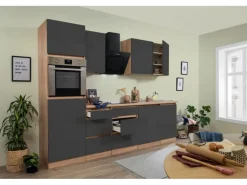 Respekta Küchenzeile ohne E-Geräte 280 cm Grifflos Grau Hochglanz-Eiche Sägerau