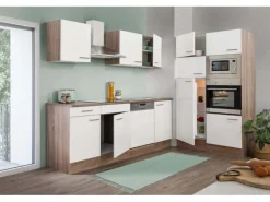Respekta Küchenzeile ohne E-Geräte 340 cm Weiß Seidengl.-Eiche York