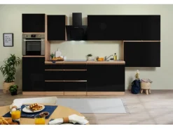 Respekta Küchenzeile ohne E-Geräte 370 cm Grifflos Schwarz Hochgl.-Eiche Sägerau
