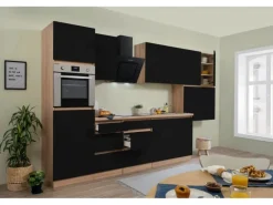 Respekta Küchenzeile ohne E-Geräte 370 cm Grifflos Schwarz Hochgl.-Eiche Sägerau