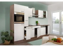 Respekta Küchenzeile ohne E-Geräte 310 cm Weiß Seidengl.-Eiche York