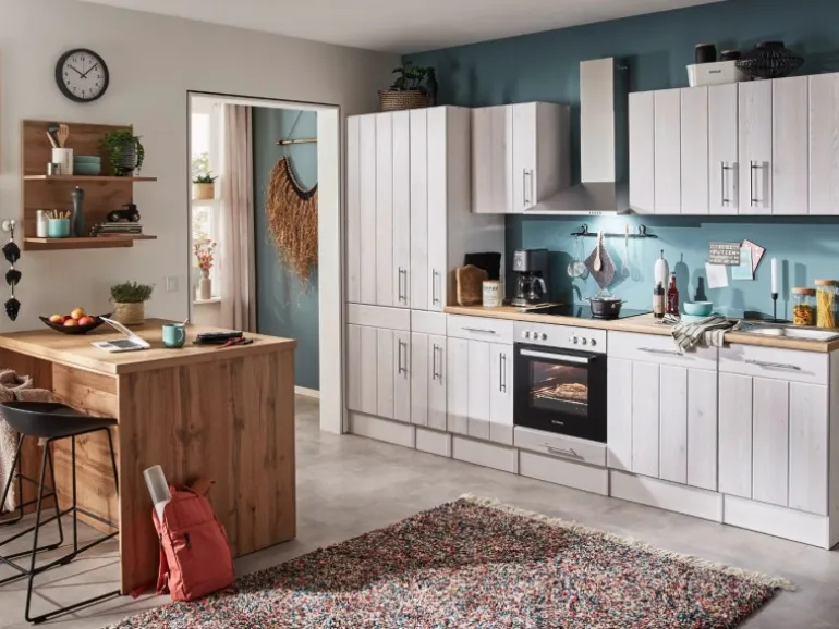 Respekta Landhaus Küchenzeile Anton 310 cm mit Kücheninsel Lärche Weiß