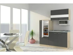 Respekta Miniküche KB160ESGMI 160 cm Grau-Eiche Sonoma Nachbildung Mikrowelle