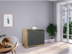 Respekta Miniküche MK100ESGC 100 cm Grau-Eiche Sägerau Nachbildung