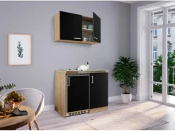 Respekta Miniküche MK100ESSOSC 100 cm Schwarz-Eiche Sägerau Nachbildung